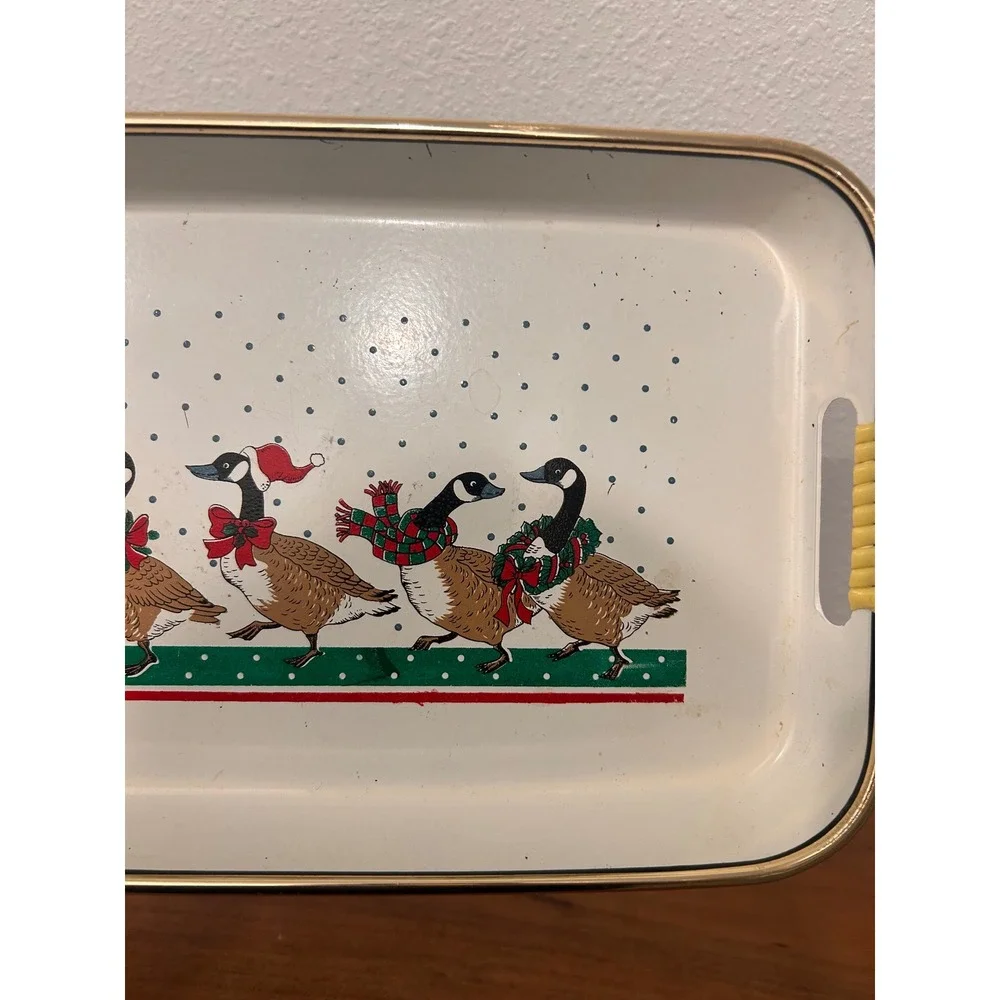 Vintage Christmas Lacquer Serving Tray Canada Geese Holiday Decor Cream Gold Rim